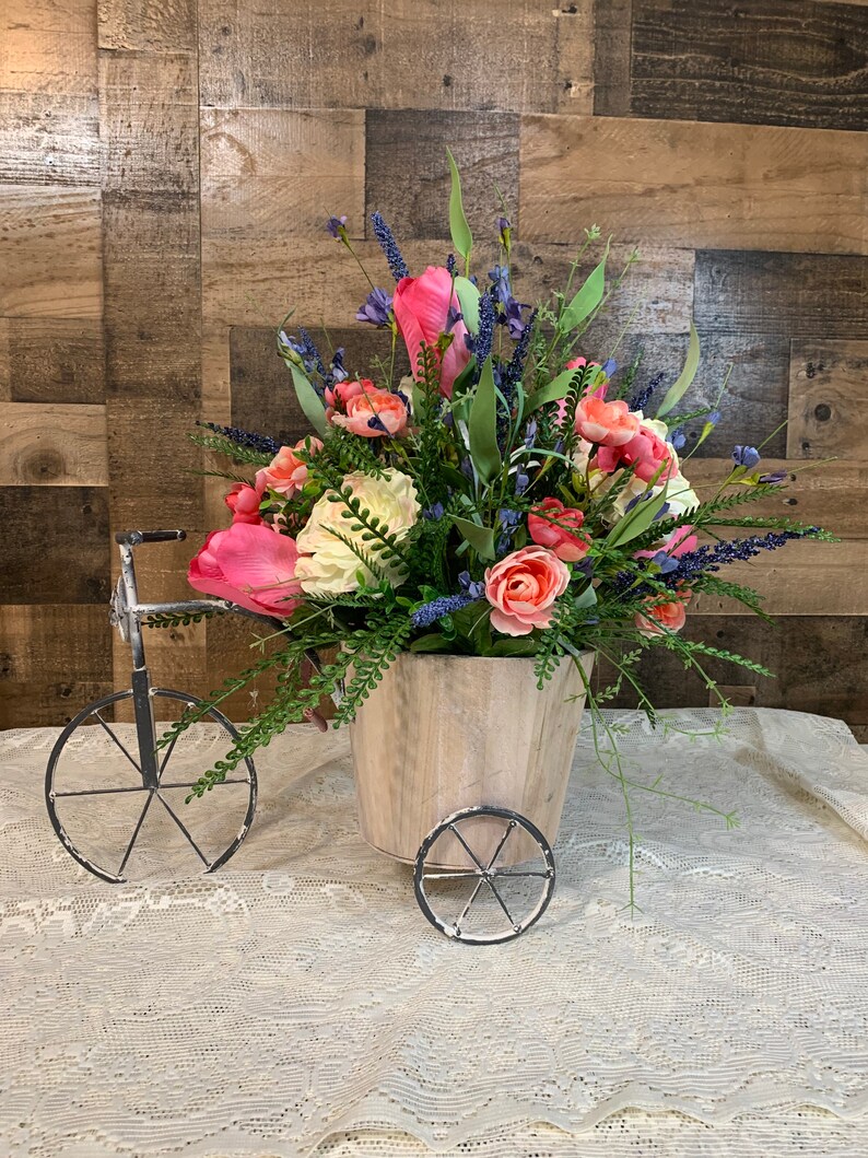Spring Floral Arrangement-Floral Tricycle Arrangement-Mothers Day Gift-Floral Centerpiece-Pink and Blue Floral Arrangement Bild 6