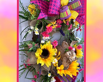 Easter Wreath-Spring Wreath-Sunflower Wreath-Easter Decor-Spring Decor-Sunflower Decor-Easter Bunny Wreath