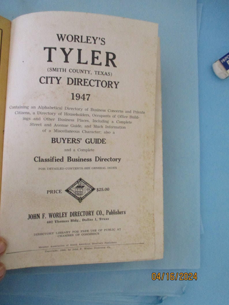 Original Vintage 1947 Tyler Texas City Directory image 5