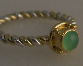 granulated 22K/18K gold & sterling silver ring 4mm chrysoprase cabochon size 4.0