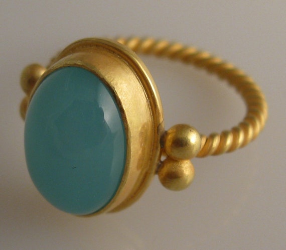 22K gold ring 10x14 light blue chalcedony cabochon size 8.0