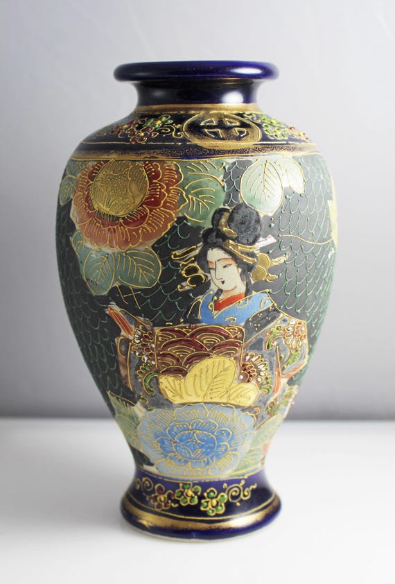 ヴィンテージ日本薩摩陶器花瓶芸者金箔盛上 - Etsy 日本