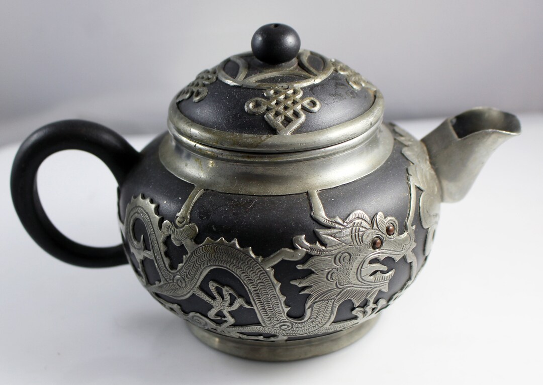 Vintage Chinese Black Yixing Ceramic & Pewter Teapot Dragons WEN HUA