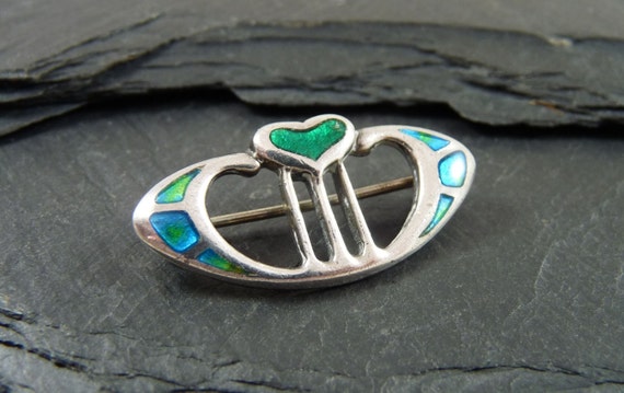 Art Nouveau Silver & Enamel Heart Shaped Brooch