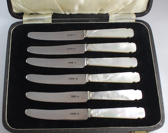 Vintage Sterling Silver & Mother of Pearl Knives, Set of 6, Sheffield 1940