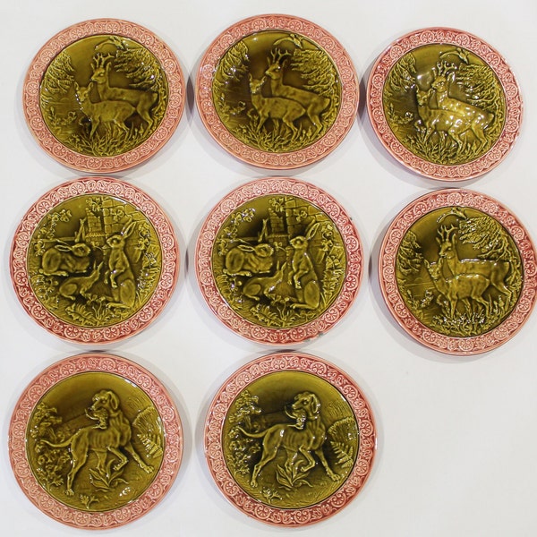 Set of 8 Antique Majolica Pottery Plates  Stag Deer Hares Hunting Dog