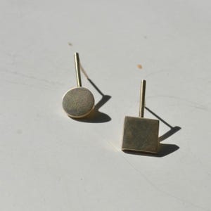 silver circle and square stud earrings, asymmetric earrings