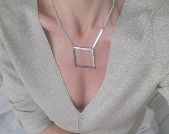 Square unique necklace, silver geometric necklace, hammered necklace