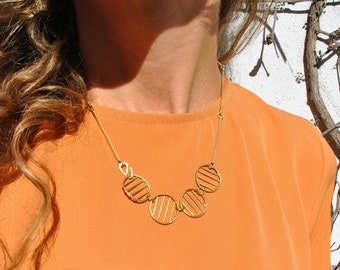 Navy bronze necklace, circle original necklace, striped necklace