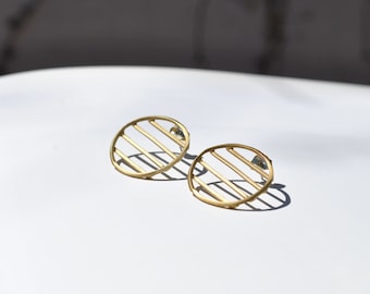 Navy circle stud bronze earrings, minimalist earrings, navy earrings, bronze earrings, golden earrings