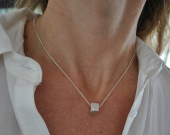 Minimalist Necklace, Contemporary silver Jewelry, Cube Pendant Necklace, faceted jewelry