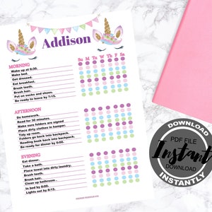 Editable Chore Chart, Kids Chore Chart, Chore Checklist, Kids Weekly Planner, Unicorn Chore Chart, Printable Instant Download