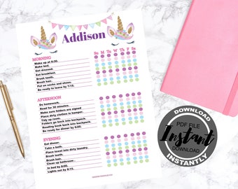 May include: A printable daily schedule with a unicorn theme, featuring the name "Addison" and a checklist for morning, afternoon, and evening activities. Includes a pink notebook and a gold pen.