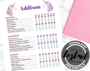 May include: A printable chore chart for kids featuring a unicorn illustration. The chart includes a daily schedule with sections for morning, afternoon, and evening. The chart is designed for a child named Addison.