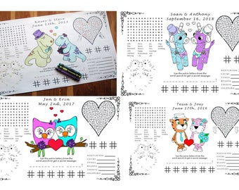 Wedding Activity PDF, You Choose Genders and Animals, Your Names & Date. Coloring, Maze, Dot to Dot.
