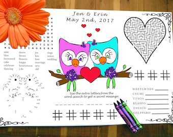 Owl Printable Kids Wedding Activity Page PDF. Customized Favor, Placemat. Your Names and Date. You Choose Wedding Couple's Genders.