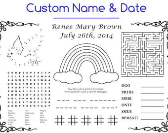 Kids Christening Activity Page PDF. Custom Name & Date. Baptism, Naming Favor. Coloring, Games.