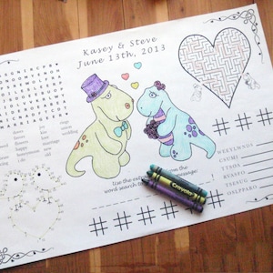 Kids Wedding Activity Placemat PDF.  Your Names & Date. Customized. Coloring, Maze, Connect the Dot. Children's Entertainment.