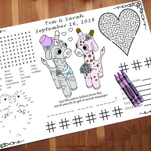Giraffe Activity Page PDF. Printable. Custom, Your Names & Date. Coloring, Maze, Connect the Dot, Tic Tac Toe. Word Search