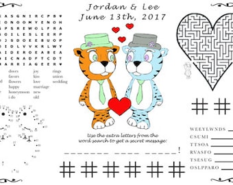 Wedding Activity PDF. Printable Placemat, Varying Sizes. Customize Your Names and Date. You Choose Genders.