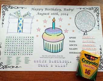 Birthday Coloring and Games PDF. Custom Name & Date. Kids, Maze, Favor
