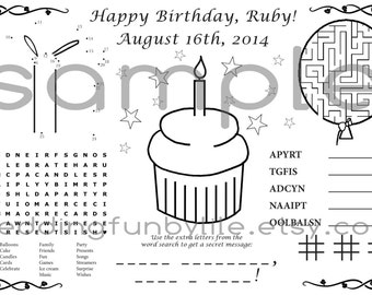 Birthday Activity Page PDF. Kids, Custom Name & Date. Coloring, Games, Maze, Favor