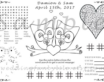 Printable Owl Kids Wedding Activity PDF. Gay, Lesbian, Queer. Customized Favor. Your Names & Date.