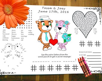 Kids Placemat. Tiger Wedding Activity PDF.  Your Names & Date. Coloring, Maze, Connect the Dot.