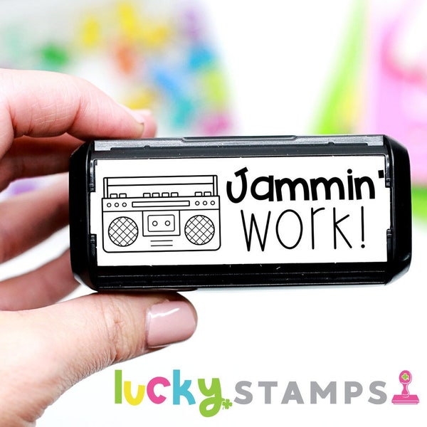 Sello Boombox, Sello de goma de radio, Sello de maestro autoentintado Jammin' Work, Sello autoentintado, Sello de maestro, Boombox, Radio, Estéreo