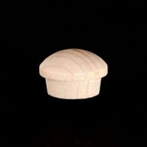 May include: A light-colored wooden furniture plug with a rounded top and a cylindrical base. The plug is made of unfinished wood, showing the natural grain. The plug is designed to fit into a pre-drilled hole.
