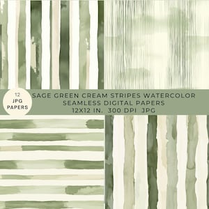 Sage Green Cream Watercolor Stripes Seamless Digital Printable Paper, Digital Download Printable Clipart, Scrapbook Junk Journals, Collage