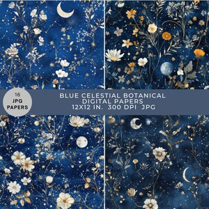 Blau Botanicals Florals Digital bedruckbare Papiere, Scrapbooking, Junk Journals, Decoupage, digitaler Download, Hintergründe, Celestial, JPG