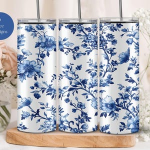 Blue Floral Toile Chinoiserie Seamless 20 oz Straight Skinny Tumbler Sublimation Design PNG, Digital Download, Tumbler Wrap, Commercial use