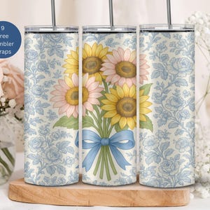 Sunflowers Blue Coquette Bow Tumbler Wrap, 20oz Skinny Tumbler Sublimation design PNG, Digital Download, Blue Floral Toile, Grand Millennial