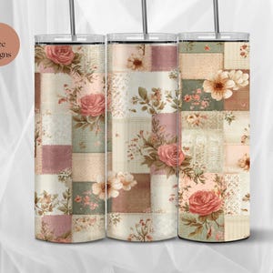 May include: Three stainless steel tumblers with floral patchwork designs. Each tumbler features a different arrangement of roses and other flowers in shades of pink, cream, and green. The text "9 Free Designs" is in a circle.