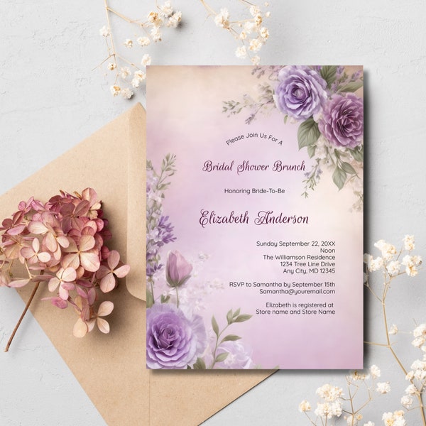 Lavender Purple Pink Watercolor Floral Flowers Bridal Shower Brunch Invitation Template, Instant Download Printable Editable, Elegant Formal