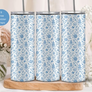 Blue Toile Chinoiserie Tumbler Wrap: 20 oz Skinny Tumbler (PNG Digital Download, Commercial Use)