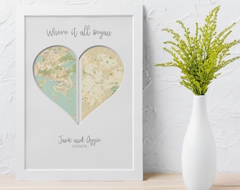 One year anniversary gifts for boyfriend or girlfriend / Custom heart map, paper anniversary, wedding gift / Great unique / Custom map art