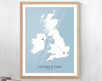 Personalized UK heart map print poster / British map, paper anniversary gift, wedding gift / Great unique engagement gift / Custom map art