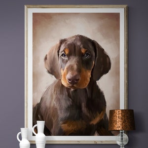 May include: A framed painting of a brown and tan puppy dog with a light brown background. The puppy is looking directly at the viewer.