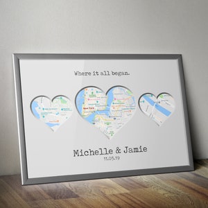 Poster personalizzato con stampa della mappa del cuore / Regalo personalizzato della mappa 3, regalo di arte murale di famiglia, regalo di inaugurazione della casa / regalo di anniversario unico / Arte della mappa personalizzata