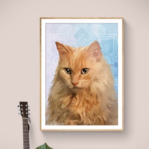 May include: A framed print of a ginger cat with a white mandala pattern background. The cat is looking directly at the viewer with a serious expression.
