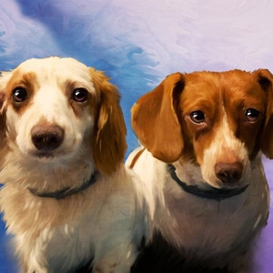 May include: Two dogs, one with white and brown fur and the other with brown and white fur, are looking at the camera. The dogs are painted in a realistic style with a soft, painterly background.