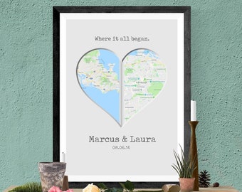 Spersonalizowany plakat z mapą serca / Spersonalizowany prezent z mapą, papierowy prezent rocznicowy, prezent ślubny / Wspaniały, wyjątkowy prezent zaręczynowy / Spersonalizowana sztuka mapy