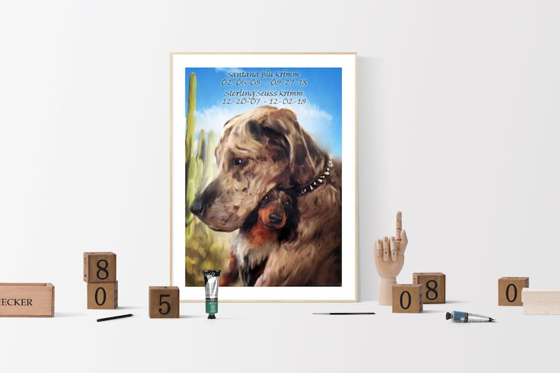 May include: A framed painting of two dogs, a large brindle Great Dane and a smaller dachshund, with a desert landscape background. The painting includes the text "Santana du Kronin 02-06-09 - 09-27-18 Sterling Seuss Kronin 12-20-07 - 12-02-19"