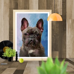 May include: A framed painting of a black French Bulldog with a blue and purple background. The dog is looking directly at the viewer.