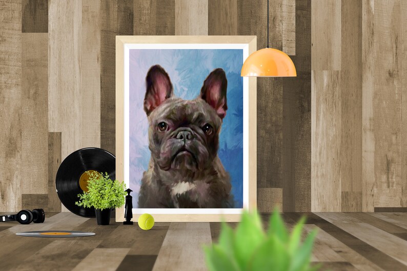 May include: A framed painting of a black French Bulldog with a blue and purple background. The dog is looking directly at the viewer.