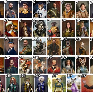 May include: A collection of 35 digital paintings featuring people and animals in a Renaissance style. The paintings are arranged in a grid with numbers 1 through 35.