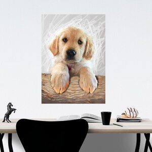 May include: A golden retriever puppy with a red collar is looking at the camera. The puppy is sitting on a wooden log with its paws resting on the edge of the log.