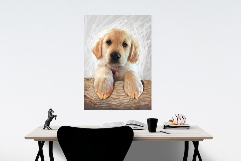 May include: A golden retriever puppy with a red collar is looking at the camera. The puppy is sitting on a wooden log with its paws resting on the edge of the log.
